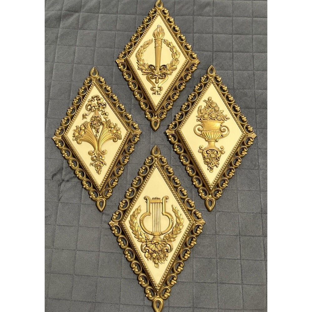 4 Vintage MCM Homco Syroco Gold Diamond Shape Wall Decor Plaques. Made in USA